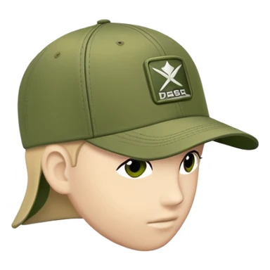 Army green Diesel cap, baseball hat with Diesel brand logo visible, khaki colored headwear, side view sticker