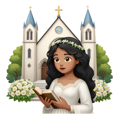 Chica cabello ondulado negro, piel mestiza, con un lunar en el pululo izquierdo, pensado en Dios una biblia , una iglesia, tener una boda, tener hijos, una casa, flores, cantar  sticker