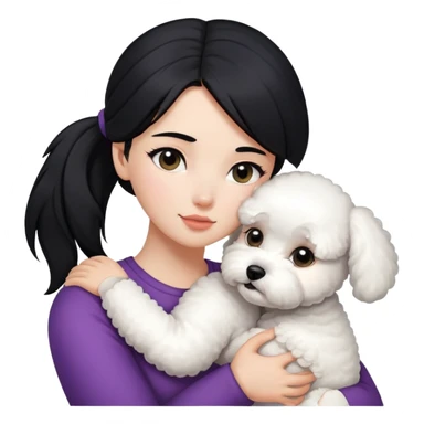 One long face girl with straight black hair in a ponytail，hugging one Bichon frise sticker