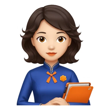 Teacher emoji but : wavy dark brown hair, light skin, no glasses, dark eyes, with a computer folder in the hand (color is orange), being a teacher, wearing a chinese qipao ( dark blue)


 sticker