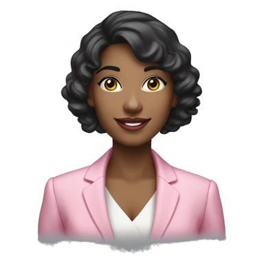 A woman in a standing position, her appearance can be described by the following characteristics: black hair to the shoulders, slightly curly, blue eyes, a beautiful smile and pink gloss on her lips. She is dressed in a formal pink strict suit sticker