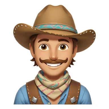 Clash of Clans aesthetic Playful Cowboy Portrait Emoji, Head tilted with a roguish, cheeky grin and twinkling eyes, featuring a compact, charming build with a jaunty hat and a friendly bandana, his natural skin tone adding authenticity, Simplified yet irresistibly charming features, highly detailed, glowing with a warm, inviting western glow, high shine, spirited and lively, stylized with an air of whimsical frontier mischief, soft glowing outline, capturing the essence of a playful cowboy exuding friendly rogue charm! sticker