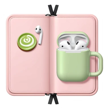 Open pastel pink planner with white AirPods and a cup of matcha latte sticker