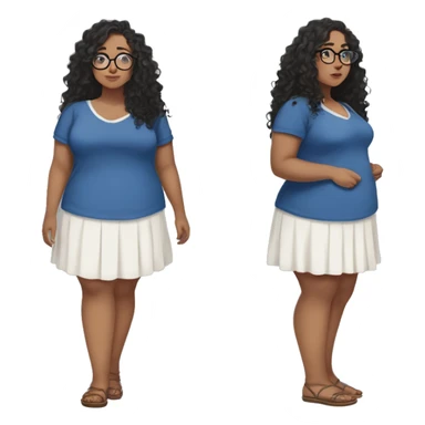 full length anime plus size girl in a blue sundress, glasses with big hazel eyes and white skin and curly black long hair and aristocratic high cheekbones sticker