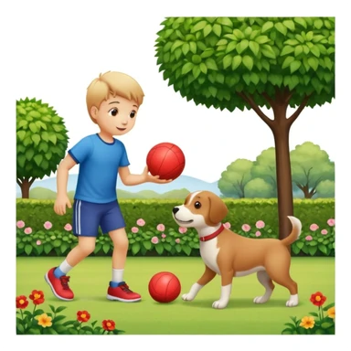 kid and dog playing with ball, garden background sticker