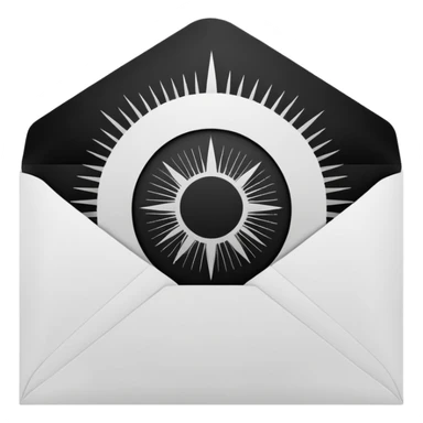 Open envelope, centered, black interior with a bright circular core and radial engraved sunburst rays, pure black ink on pure white, stipple/crosshatch only, razor sharp --style raw --ar 1:1 --no gradient, gray, 3d, glossy, text sticker