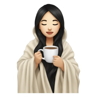 Asian girl inside a blanket sipping coffee eyes closed black hair sticker