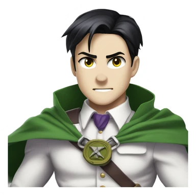 captain levi attack on titans emo black hair wearing a white button down shirt and a green cape saying short king in purple sticker