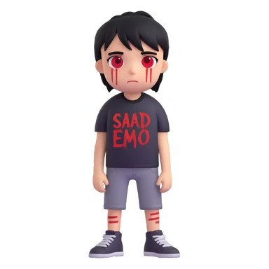 sad emo character, visible scars, black rock shirt with red writing, dark aesthetic sticker