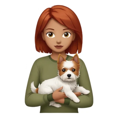 Westhighland white terrier dog being held by woman with dark shoulder length red hair and hazel eye wearing olive green top sticker