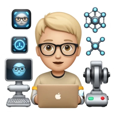emoji representing a beginner in artificial intelligence with a curious expression and technology elements sticker
