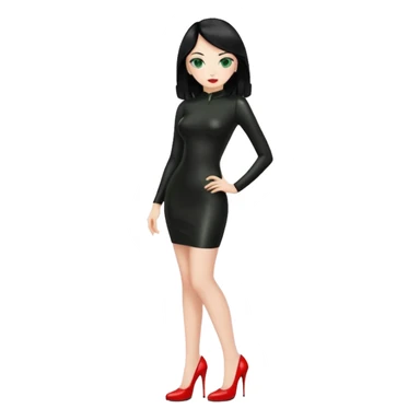 🕵🏻‍♀️💦🧥 black hair , green eyes , full body , red high heels , black latex dress , sticker
