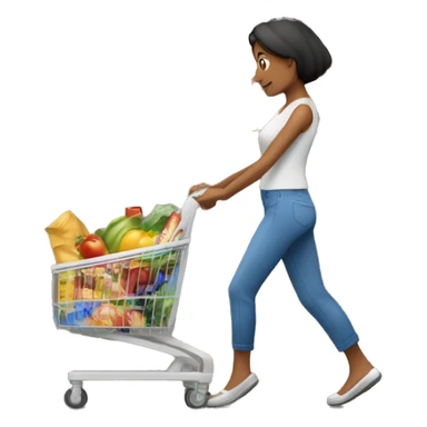 mujer llevando carro de compras lleno de productos de supermercado sticker