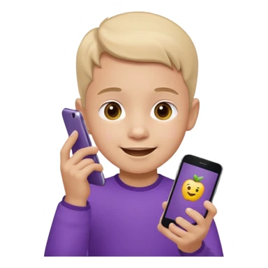 happy little kid with a phone, purple shirt, apple style emoji sticker