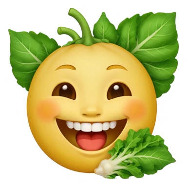 yellow face emoji laughing with vegetable leaf stuck on teeth sticker