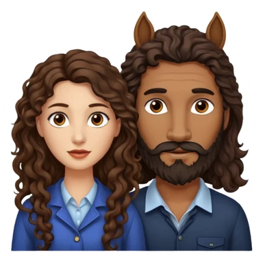 pareja de Mujer morena rizada cabello largo castaño ojos oscuros y hombre piel blanca con caballo oscuro con barba y ojos marrones sticker