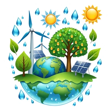 An icon featuring a green Earth, a tree, recycling symbols, and renewable energy sources like wind turbines, solar panels, and hydropower. The design includes animals, water droplets, and the sun, representing ecology, sustainable energy, and environmental protection. Transparent background. sticker