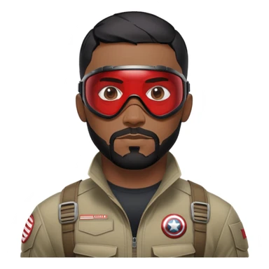 sam wilson have a short, neatly cropped black hair. It is evenly trimmed and close to the scalp, maintaining a clean and military-inspired and  a well-groomed beard that connects to his mustache,  wear sleek, red-tinted tactical goggles fit snugly from captain america: civil war sticker