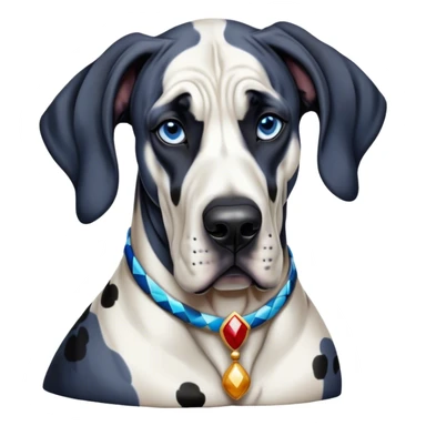 Cinematic Noble Harlequin Great Dane Portrait Emoji, Poised and regal, with a towering, muscular build and a striking coat of predominantly white with bold black patches, deep-set soulful blue eyes, Simplified yet sharp and sophisticated features, highly detailed, glowing with a soft, dignified glow, high shine, intelligent and loyal, stylized with an air of majesty, focused and attentive, soft glowing outline, capturing the essence of a watchful and confident guardian, so majestic it feels as though it could stride out of the screen with effortless authority! sticker