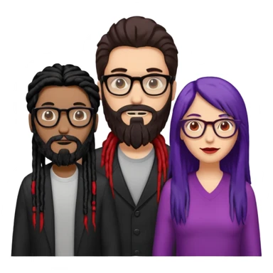 Three people standing together: on the left, a man with long hair, glasses, and a beard; on the right, a man with black dreadlocks with a red accent; in the center, a woman wearing glasses with violet-and-black hair sticker