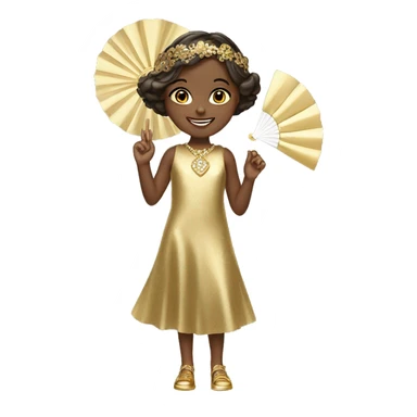 Smiling little girl in a gold Gatsby style dress with a gold piece around her head and a white hand fan sticker