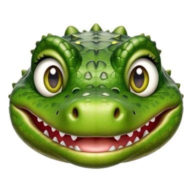 Cinematic Realistic Cute Crocodile Portrait Emoji, Head tilted playfully and inquisitively, featuring a robust, well-defined build with intricately detailed, glossy olive-green scales and a surprisingly endearing face with round, sparkling eyes full of unexpected charm, rendered with lifelike texture and natural highlights, high shine, affectionate and spirited, styled with a touch of wild whimsy, soft glowing outline, capturing the essence of a mischievous yet lovable crocodile that seems poised to snap playfully out of the screen into your arms! sticker