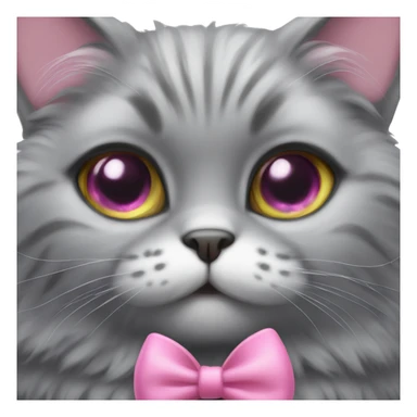 fluffy gray little cat with big eyes and a pink bow sticker