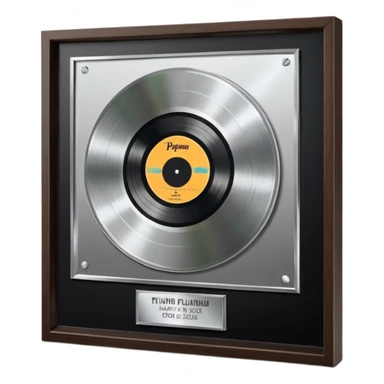 A platinum music award plaque: a square, polished platinum plate with a subtly textured, mirror-like finish, mounted on a simple dark wood base. The center features a relief of a or stylized vinyl record in a slightly darker metallic tone.  sticker