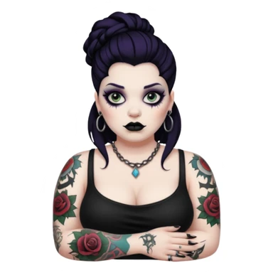 Heavyset goth woman with tattoos and makeup sticker