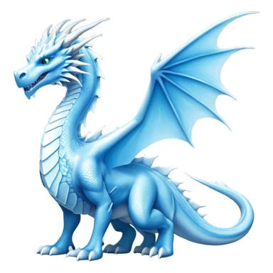 Cinematic Noble wise elegant Ice Dragon full body  Emoji, Poised and imposing, distinct long elegant snout, with a slender, scaled body shimmering in glacial hues of icy blue, frostbitten silver, and crystalline white, breathing out frost, with piercing, glowing ice blue white eyes that radiate the chilling depths of an arctic storm; rendered in detail. excuding wisdom sticker