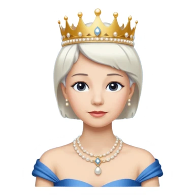Queen with white short hair – gold tiara, pearl necklace, elegant gown, blue dress sticker
