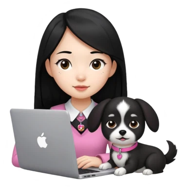 Blue back ground, Asian girl with long black hair working on an Apple laptop, next to her is a small black and white dog with pink collar on  sticker