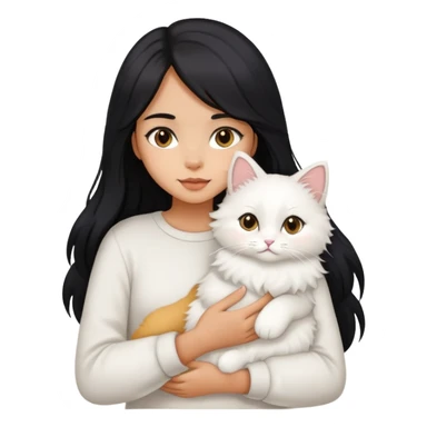 A girl with long black hair and a white fluffy cat is lying in her hands sticker