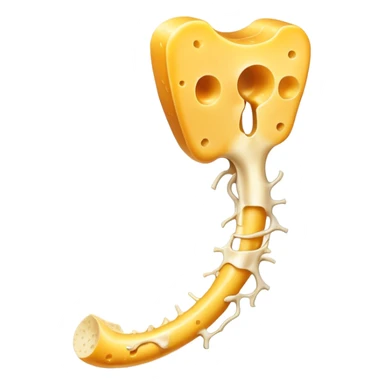Shredded cheese emitting ethereal golden glow toward a femur bone that shows a healing process with bright golden spots. A luminous K2 vitamin symbol floats nearby, directing the healing energy from the cheese to the specific healing points on the bone. sticker