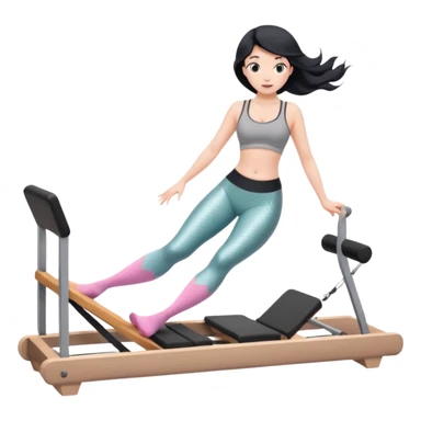 Create a Pilates emoji: a girl with fair skin and black hair, wearing a grey bra and grey leggings with pink pilates socks, doing  mermaid on a wooden reformer. Make it look at the reformer. Make the colors neutrals. sticker