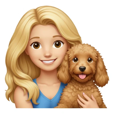 blonde girl with long hair smiling and holding a tan goldendoodle sticker