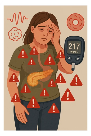 "Woman struggling with worsening insulin sensitivity, blood sugar spikes visualized as red warning signals throughout her body, expression of energy crashes and sugar cravings, pancreas working overtime shown in transparent overlay, pre-diabetic progression despite dietary efforts, metabolic syndrome symptoms accumulating, glucose meter showing increasingly concerning readings" scritte in italiano sticker