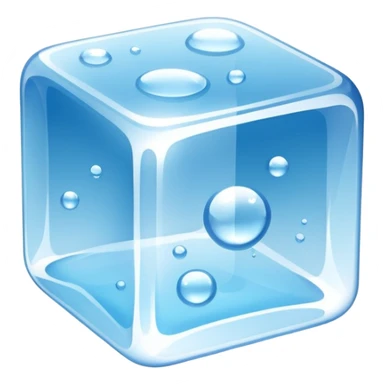 A single transparent ice cube with smooth rounded edges, highly detailed, crystal-clear with tiny air bubbles inside, glossy reflections, cool blue tones, soft shine on the surface, realistic lighting, floating on a clean blue background, ultra-high resolution, 3D look, sharp details sticker
