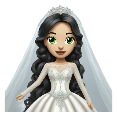 Hyper Realistic ornate ballgown long sleeve Wedding dress with diamanté on Russian bride with pale skin and green eyes and long black hair with veil and diamond jewelry hyper realistic  sticker