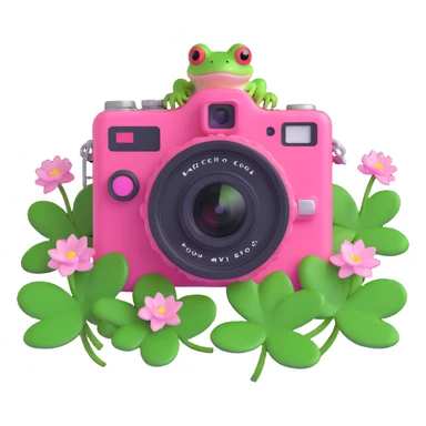 A pink camera with a frog on the screen, surrounded by green clovers, in 3D iOS style, using the same colors as the reference image. sticker