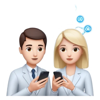Generate a realistic emoji of a two people using a phone which shows artificial intelligence. Out of the phone is coming 3d ideas and electric symbols  sticker