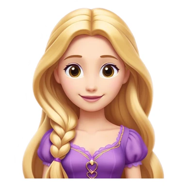 Cinematic Radiant Rapunzel Portrait Emoji, rendered in a flat vector style with clean proportions. Show Rapunzel with a gentle smile, fair, glowing skin, and her iconic long golden hair cascading softly, wearing a simple, elegant purple dress. The image radiates a warm, enchanting glow, high shine, and is accentuated by a soft glowing outline. sticker