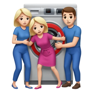 Eine Frau mit dem Kopf  in der Waschmaschine feststeckt und zwei Männer die hinten an ihr ziehen um ihr zu helfen  sticker