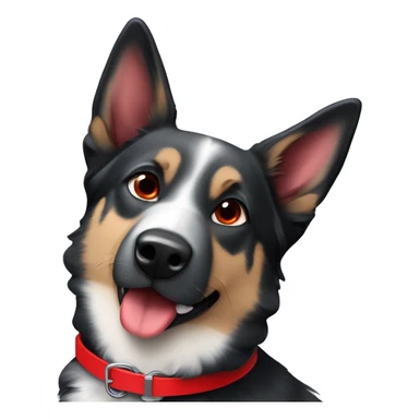 Black and white German Shepard and blue heeler mix with red collar sticker