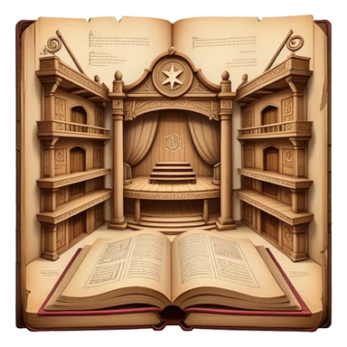 Ancient book with pages open wide displaying multiple theatrical set sketches, perspective drawings of stage designs, backdrop illustrations with Puerto Rican symbols integrated, wooden cover edges sticker