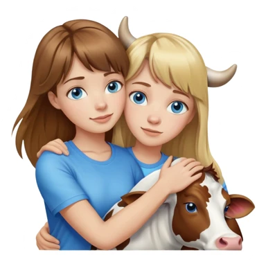 Woman with brown hair long and blonde highlights, bangs in front, blue eyes, white t shirt hugging a cow sticker