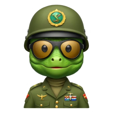 Lizard in military uniform with  black sunglasses and military helmet sticker