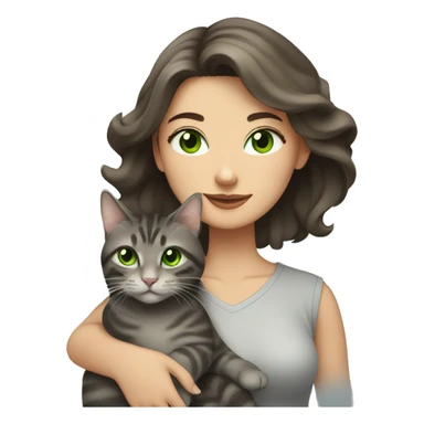 A woman with long dark brown hair and green eyes holds a gray tabby cat with green eyes in her arms sticker