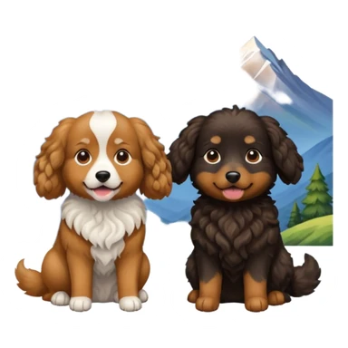 two dogs with wavy hair, one black and one brown with mountains sticker