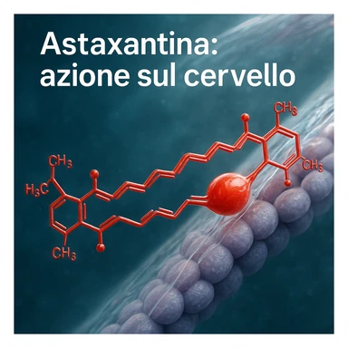 hyper realistic red astaxanthin molecule in motion penetrating a transparent blood-brain barrier, scientific atmosphere, realistic details, with text 'Astaxantina: azione sul cervello' sticker